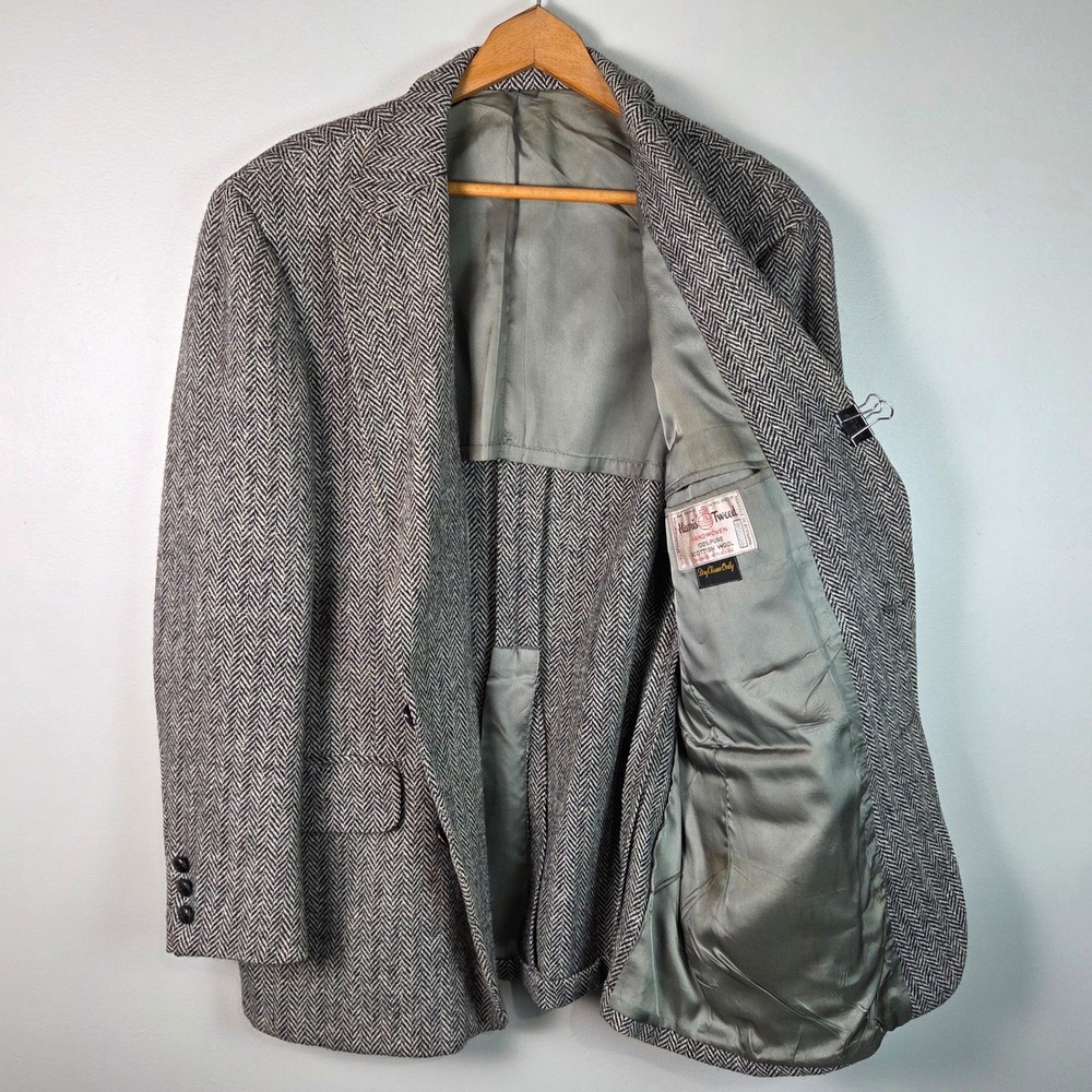 Harris Tweed Blazer Mens 44 Grey Good Herringbone Pure Wool Handwoven Jacket
